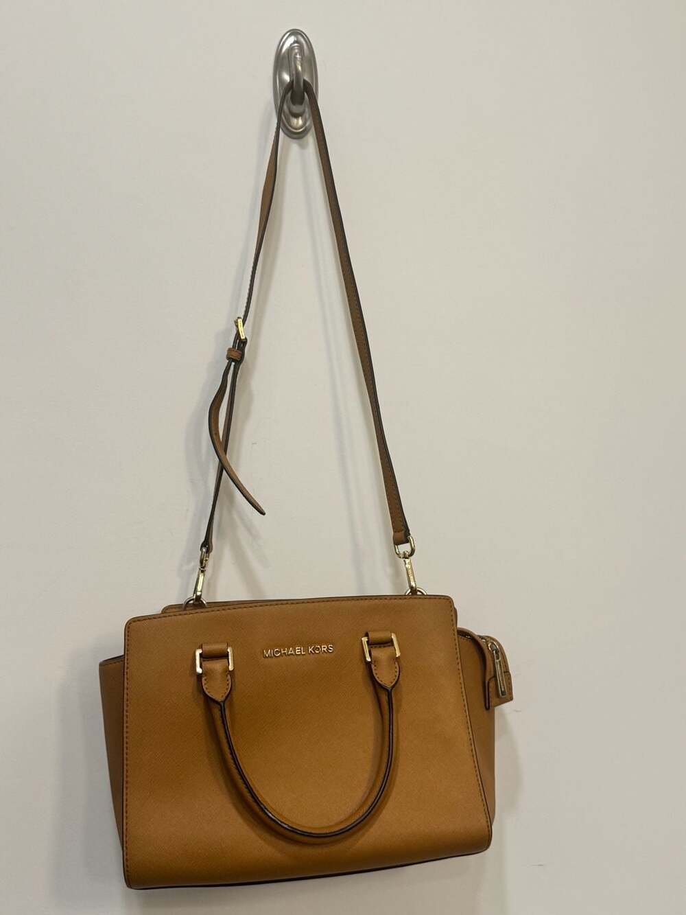 Michael Kors Saffiano Leather Satchel Cognac Brown Top Handle Crossbody